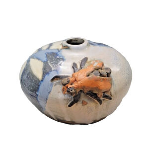 Vintage Studio Art Pottery Fly Bug Large Round Orb Vase Glaze Blue